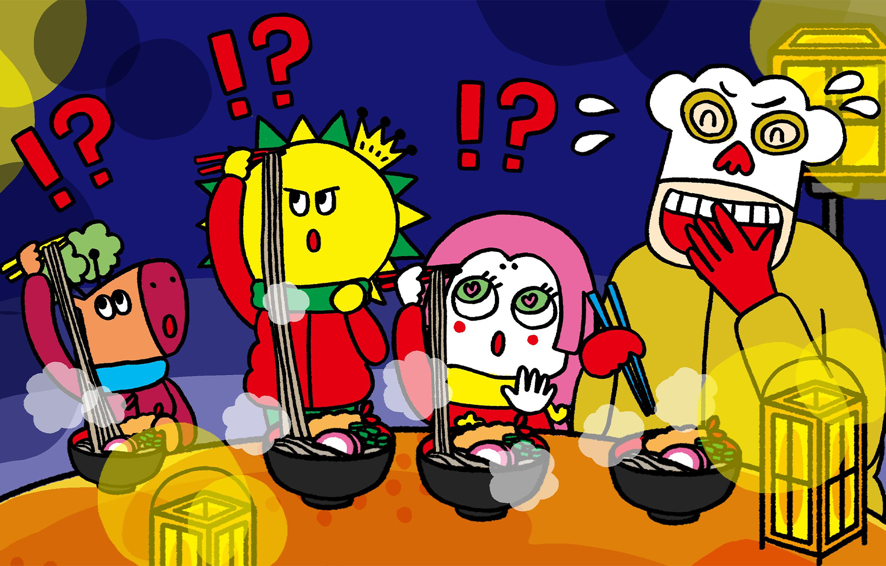 ながい蕎麦が入っていて驚く様子の子たち。コック-は笑っている。