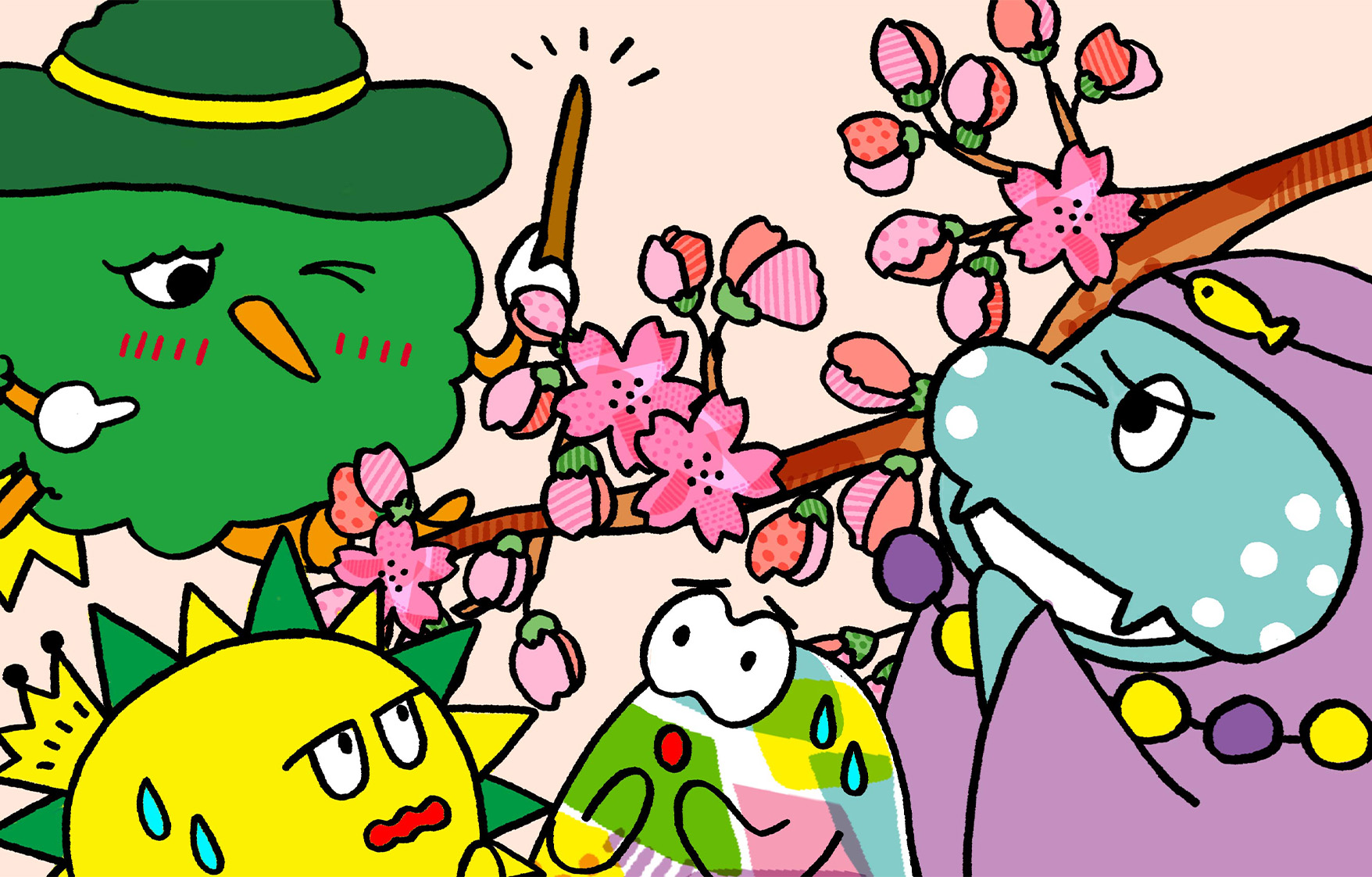 少し咲いた桜に「まほうを使っちゃう?」とウィザーがみんなにおどけて言っている。驚くなかまたち。